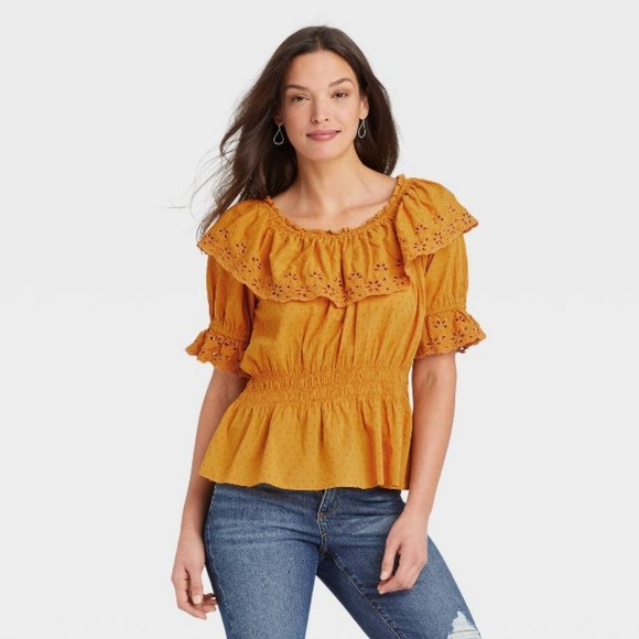 Universal Thread Tops - # 35. Women's Ruffle Short Sleeve Eyelet Peplum Blouse - Universal Thread